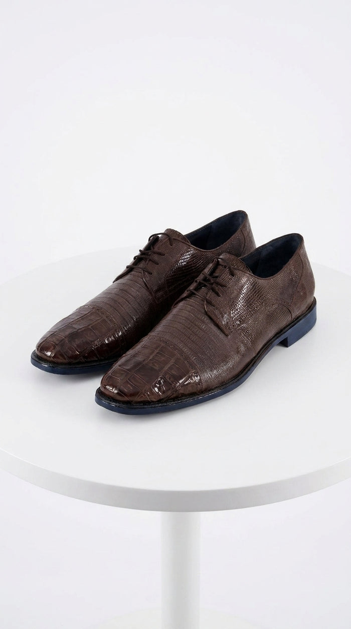 Men’s Los Altos Brown Lizard Crocodile Cap Toe Shoes, Exotic Lace-Up Dress Shoes