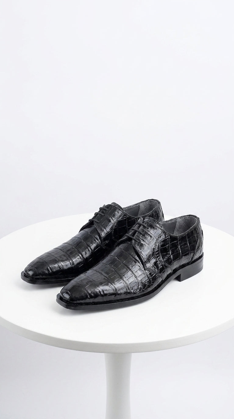 Men’s Los Altos Black Genuine Crocodile Belly Shoes, All-Over Exotic Lace-Up Dress Shoes