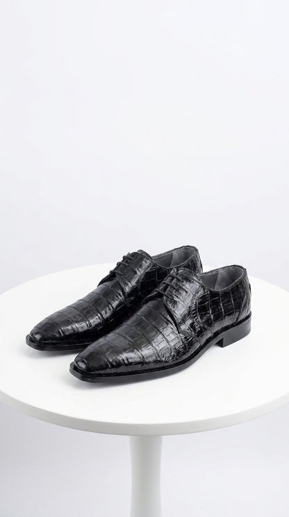 Men’s Los Altos Black Genuine Crocodile Belly Shoes, All-Over Exotic Lace-Up Dress Shoes