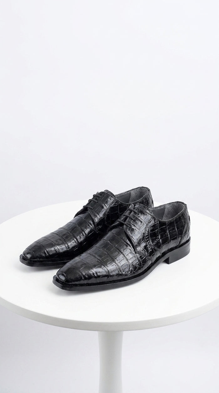 Men’s Los Altos Black Genuine Crocodile Belly Shoes, All-Over Exotic Lace-Up Dress Shoes