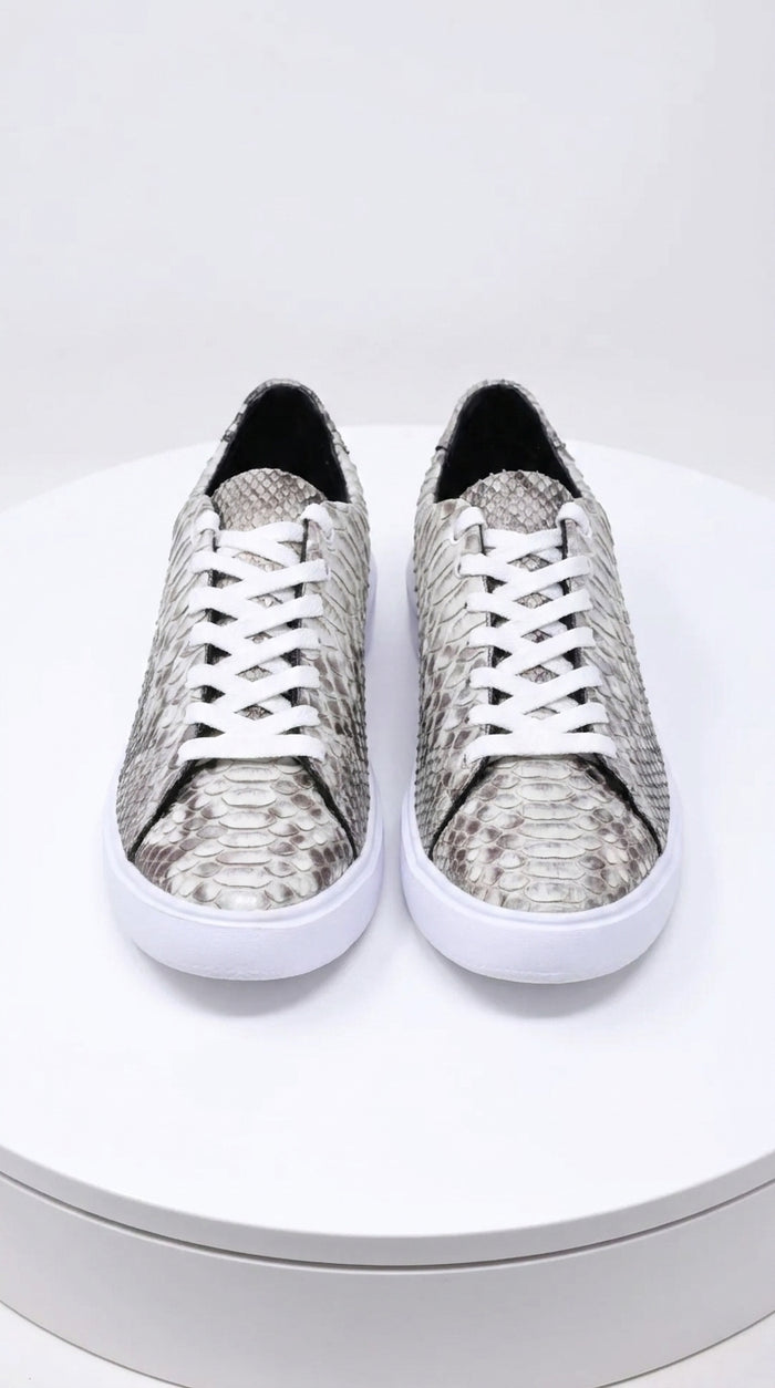Men’s Natural Genuine Full Python Skin Sneakers, Exotic Lace-Up Casual Shoes