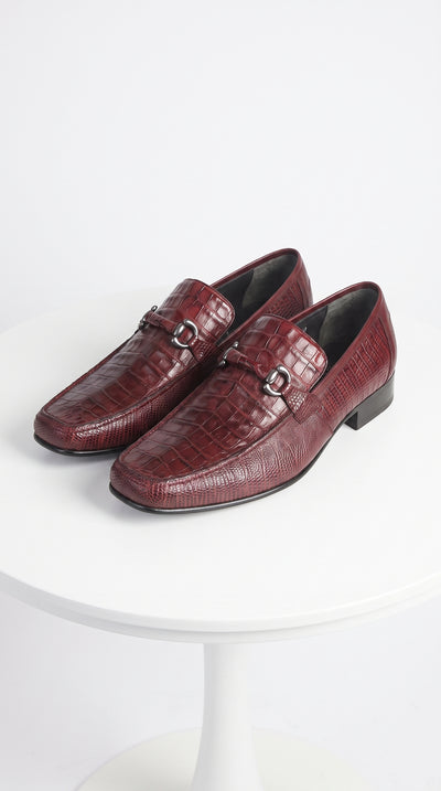 Los Altos Men’s Burgundy Crocodile Lizard Metal Bit Loafers, Exotic Dress Shoes