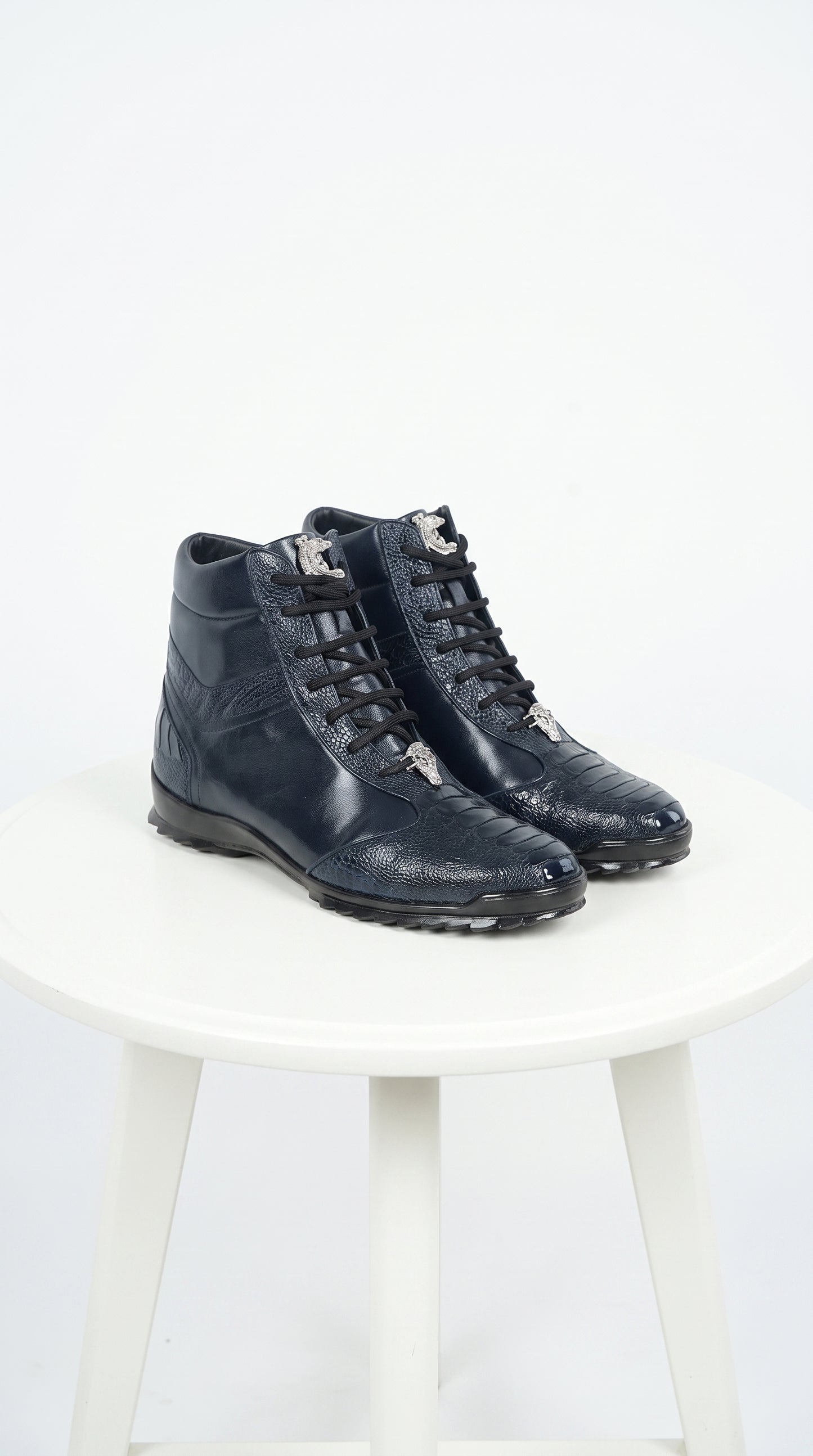 Los Altos Men’s Navy Genuine Ostrich Leg Casual Ankle Boots, Exotic Lace-Up Dress Boots