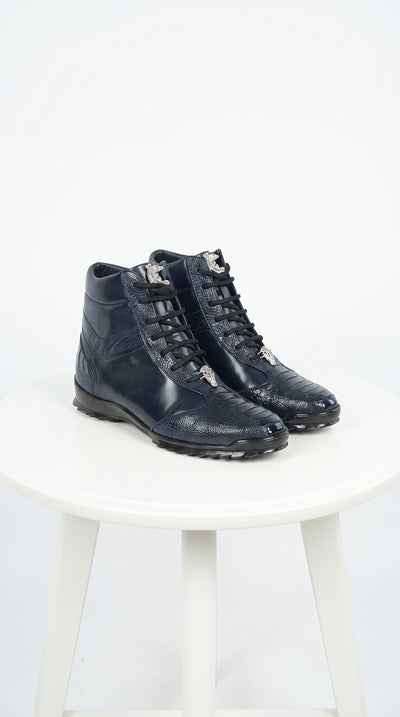 Los Altos Men’s Navy Genuine Ostrich Leg Casual Ankle Boots, Exotic Lace-Up Dress Boots