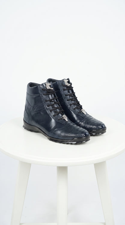 Los Altos Men’s Navy Genuine Ostrich Leg Casual Ankle Boots, Exotic Lace-Up Dress Boots