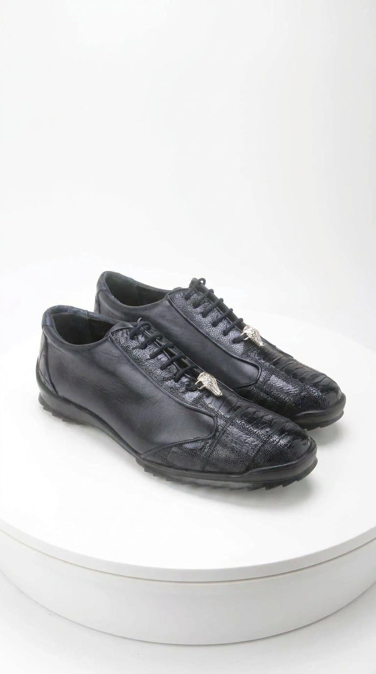 Los Altos Men’s Navy Genuine Ostrich Casual Sneakers, Exotic Lace-Up Dress Shoes