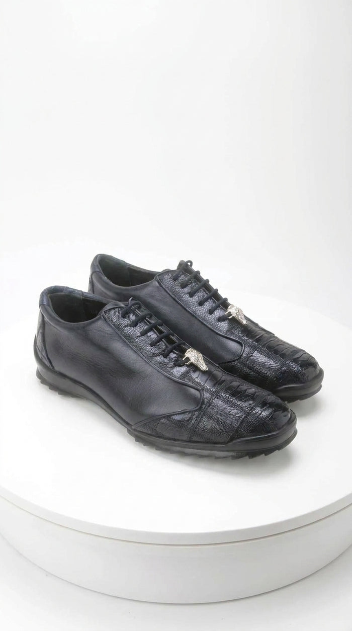 Los Altos Men’s Navy Genuine Ostrich Casual Sneakers, Exotic Lace-Up Dress Shoes