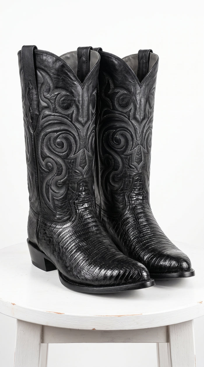 Men’s Black Armadillo Lizard Western Boots, Original Puntal Toe Cowboy Dress Boots