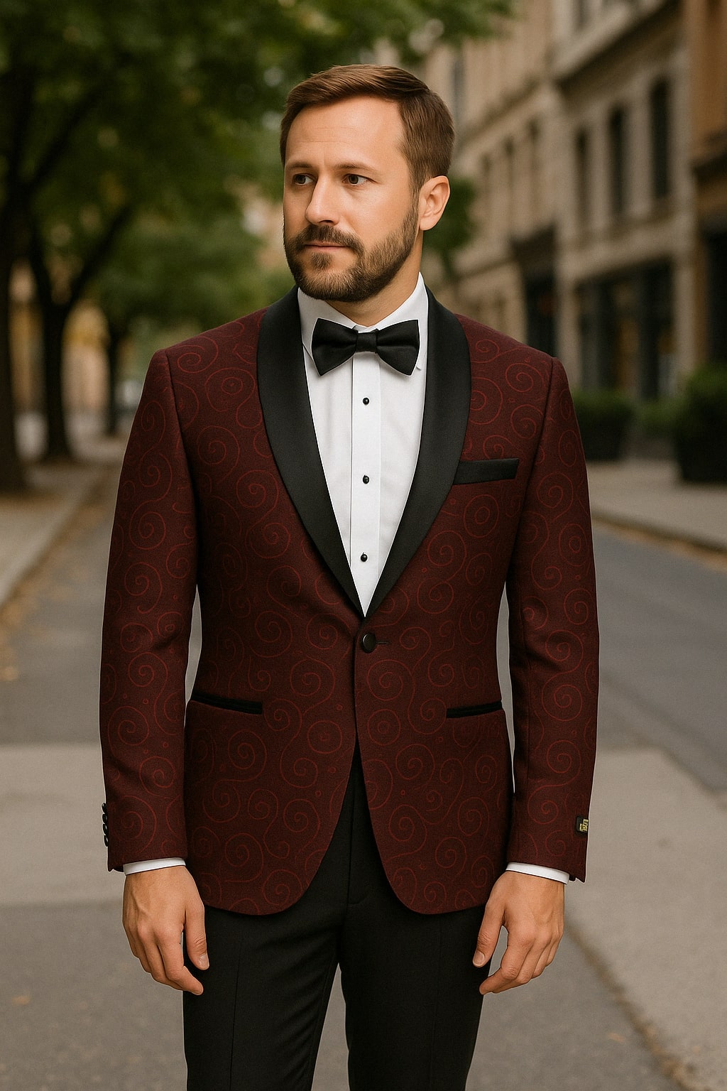 Paisley-300 Burgundy and Black Tuxedo Blazer with Bow Tie 4   - from alligatorwarehouse.com