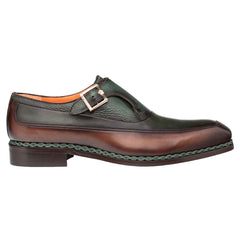 Artesano Men's Chocolate/Forest Patina Calfskin Two-Toned Monk Strap Shoes By Mezlan Made In Spain Brand