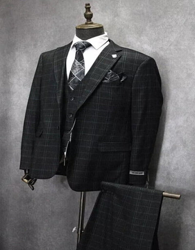 Mens Three Button Notch Lapel Plaid Pattern Suit Charcoal ~ Blue ~ White 3   - from alligatorwarehouse.com