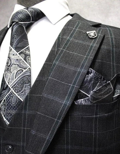 Mens Three Button Notch Lapel Plaid Pattern Suit Charcoal ~ Blue ~ White 4   - from alligatorwarehouse.com