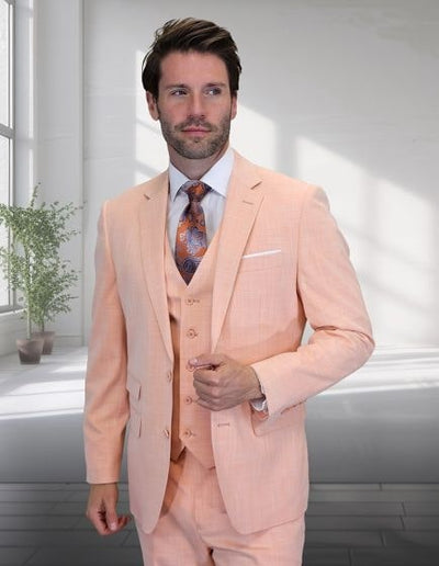 Peach Color Wool Suit in 2 Buttons Ticket Pocket - Light Orange Blush Color Summer Suit By Statement 1   - from alligatorwarehouse.com