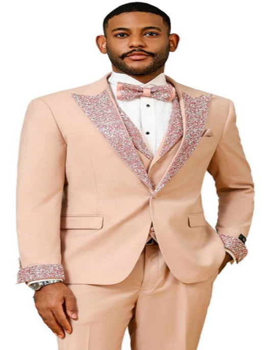 Peach Coral Salmon Prom Tuxedo - Perfect Wedding Suit Vested rhinestone Lapelled