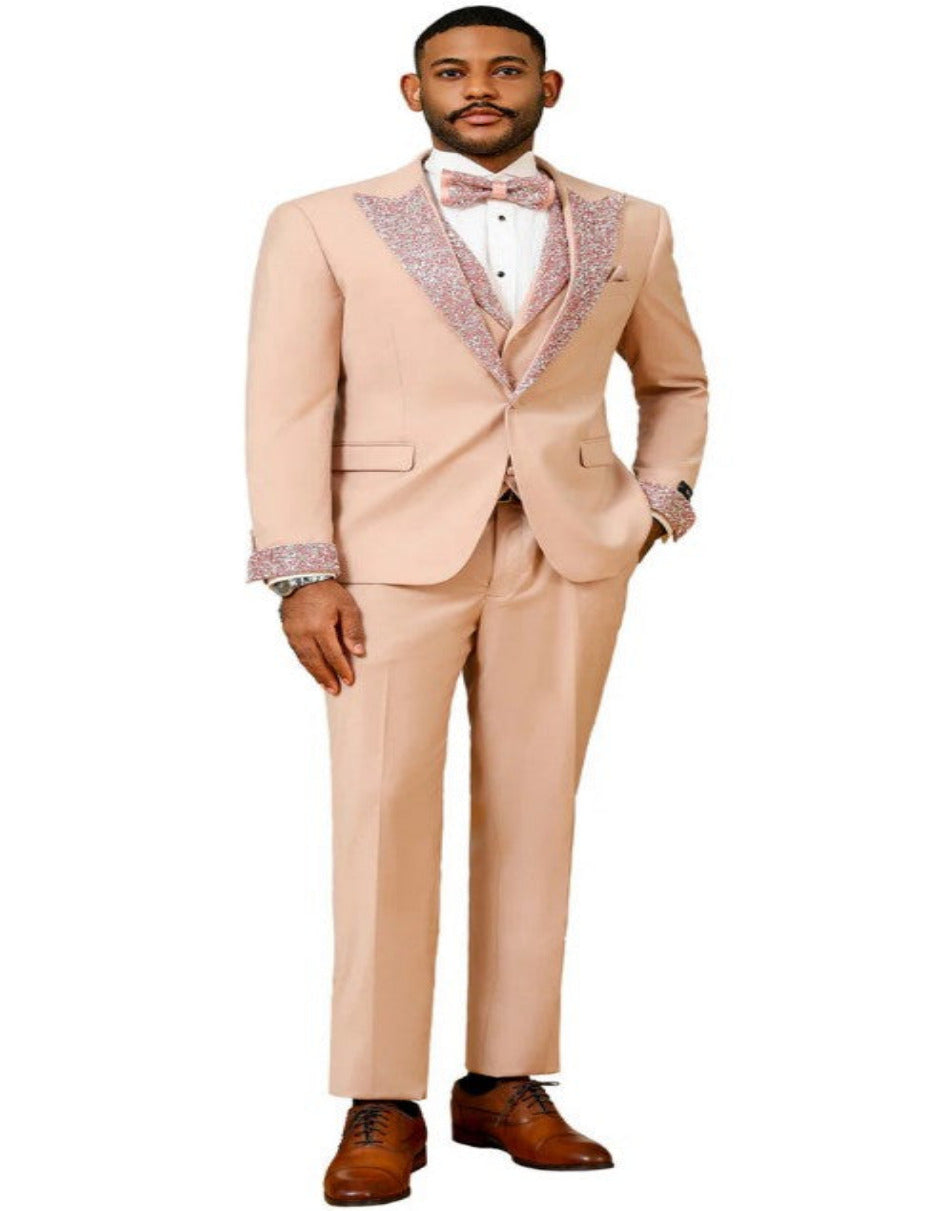 Peach Coral Salmon Prom Tuxedo - Perfect Wedding Suit Vested rhinestone Lapelled 2   - from alligatorwarehouse.com