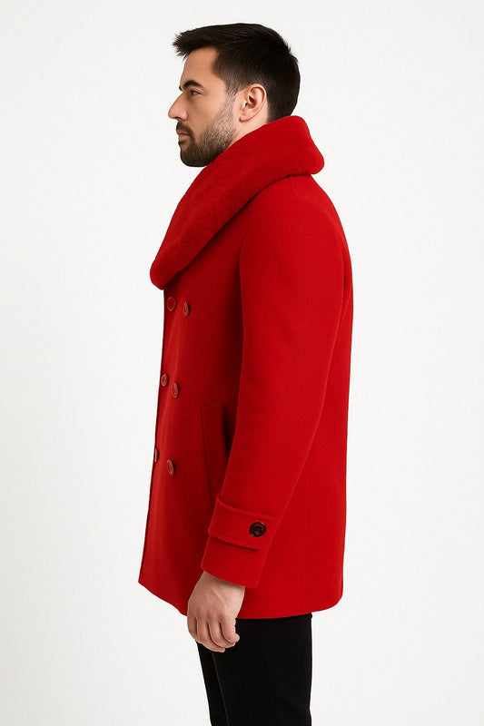 Mens Peacoat Color Red Color - Wool Overcoat with Faux Fur Shawl Collar – Double-Breasted Peacoat for Winter