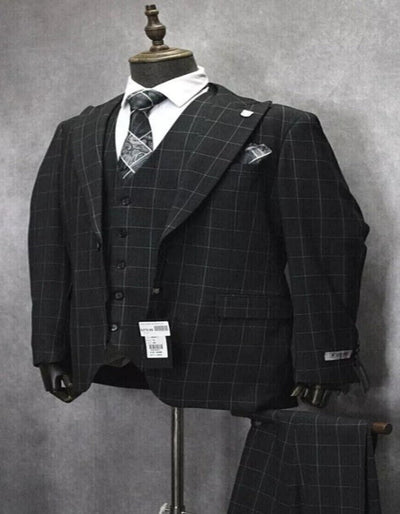 Mens Two Button Peak Lapel Plaid Pattern Suit Charcoal ~ White 3   - from alligatorwarehouse.com