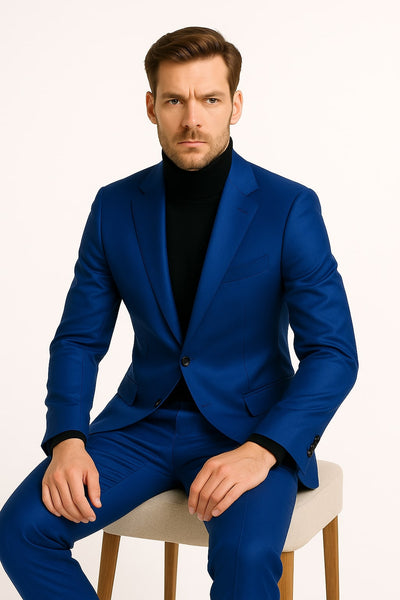 Men's Royal Blue Shiny Satin Suit – 2-Piece Slim Fit Tuxedo with Peak Lapel 3   - from alligatorwarehouse.com