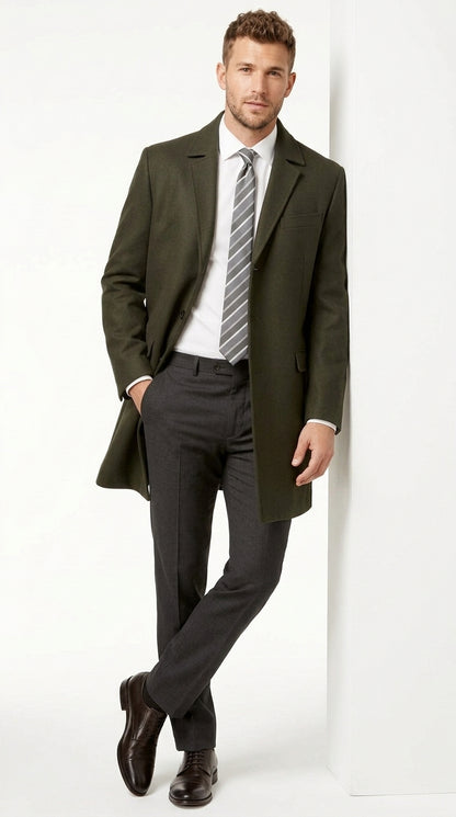 Men's Olive Green Wool Car Coat – Classic Mid-Length Three-Quarter Dress Overcoat for Men
