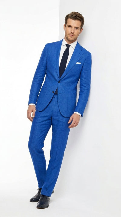 Men's Royal Blue Linen Suit – Modern Fit 2-Piece Tiffany Blue Wedding, Summer & Formal Suit