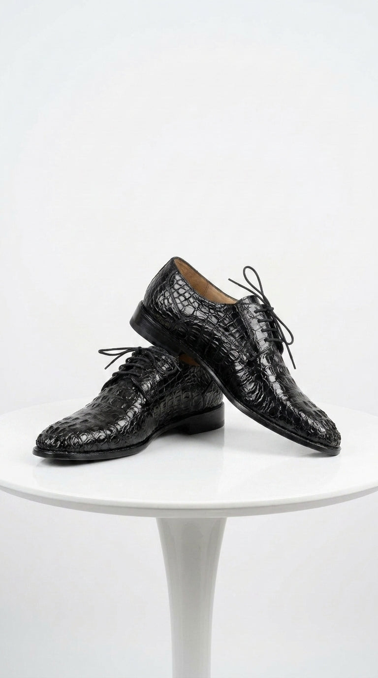 Los Altos Men’s Black Caiman Hornback Plain Toe Shoes, Exotic Lace-Up Formal Dress Shoes