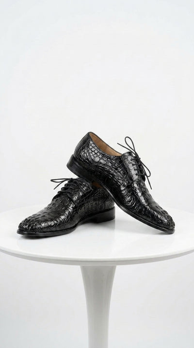 Los Altos Men’s Black Caiman Hornback Plain Toe Shoes, Exotic Lace-Up Formal Dress Shoes