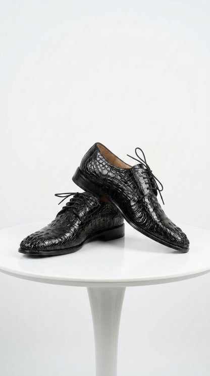 Los Altos Men’s Black Caiman Hornback Plain Toe Shoes, Exotic Lace-Up Formal Dress Shoes