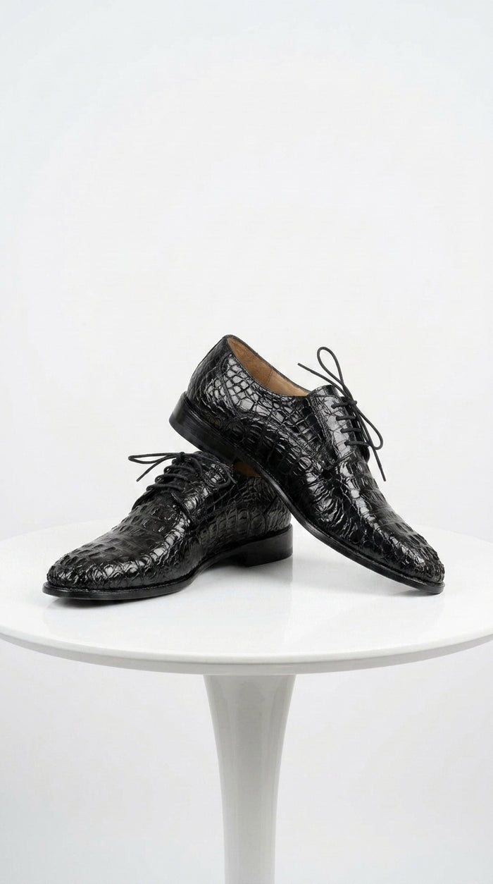 Los Altos Men’s Black Caiman Hornback Plain Toe Shoes, Exotic Lace-Up Formal Dress Shoes