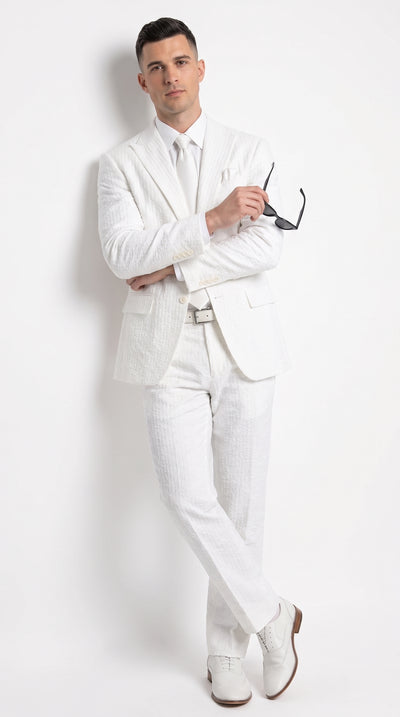 Men’s Premium White Cotton Seersucker Stripe Suit – Lightweight Summer Wedding & Formal Suit