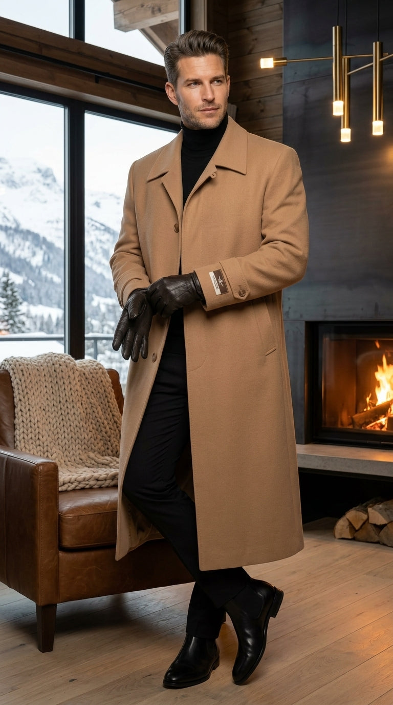 Men’s Camel Full Length All Weather Coat, 4 Button Duster Maxi Dress Coat