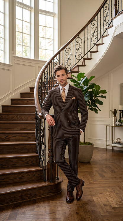 Men’s Brown Gangster Pinstripe Double Breasted Wool Suit, Designer Formal Wedding Suit By Statement
