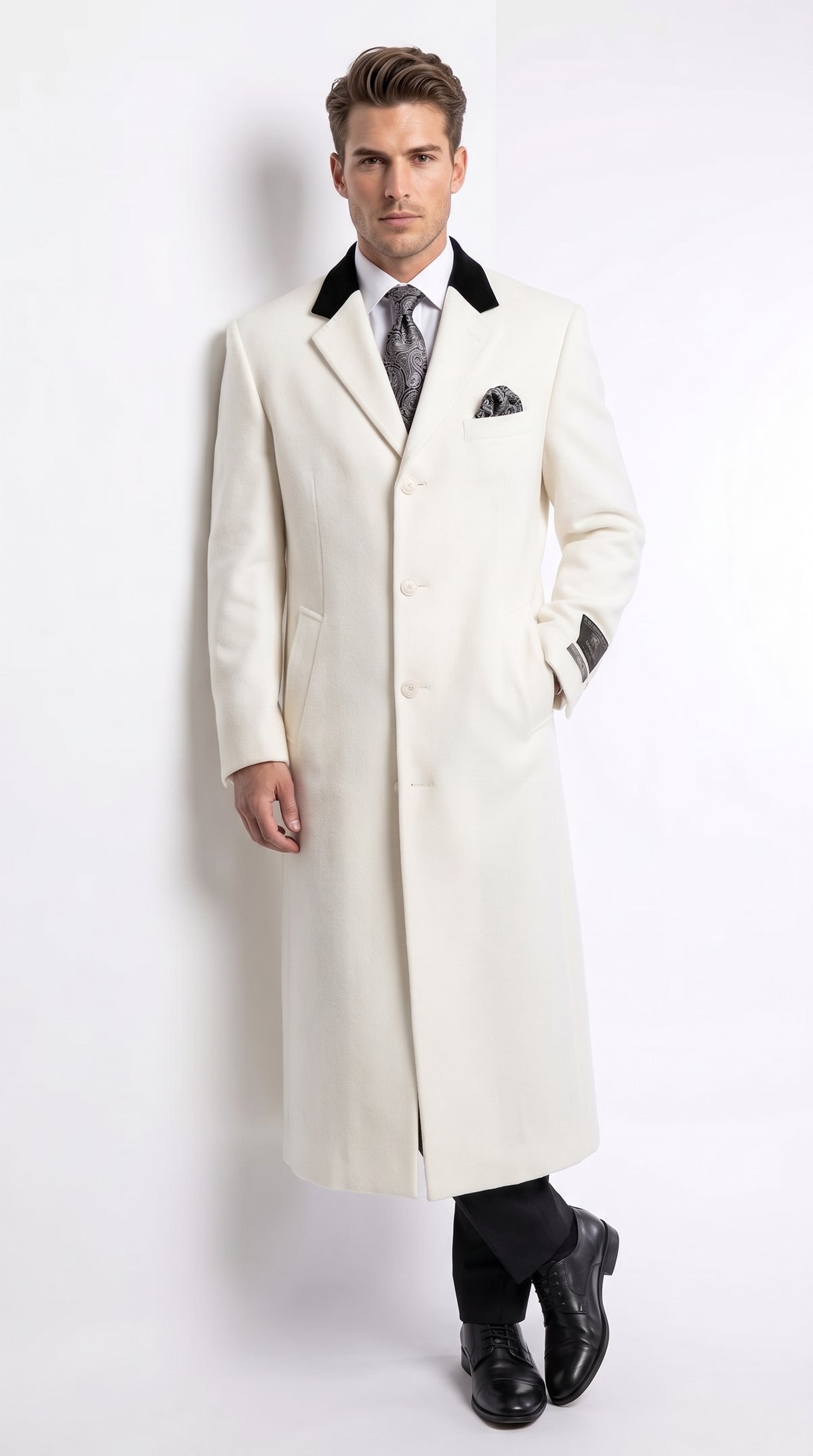 Men's White Cashmere Wool Chesterfield Full-Length Overcoat – Luxury Long Winter Dress Coat with Black Velvet Collar