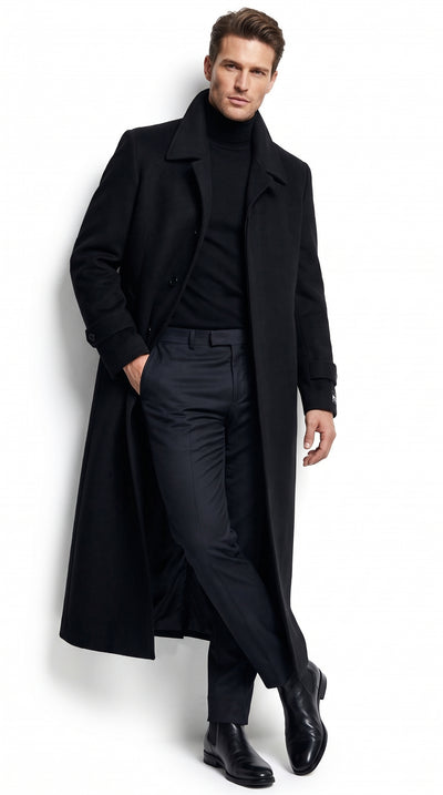 Men's Black Full-Length Duster Maxi Coat – Classic 4-Button Long Overcoat, Gothic Trench Coat & Winter Formal Outerwear