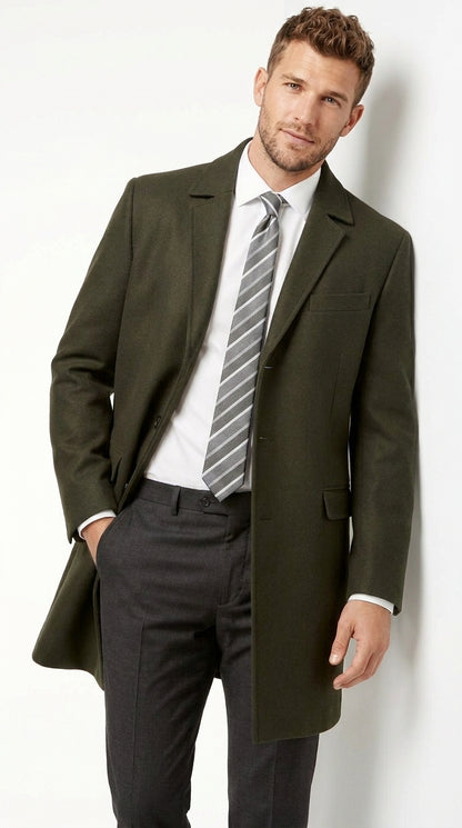 Men's Olive Green Wool Car Coat – Classic Mid-Length Three-Quarter Dress Overcoat for Men
