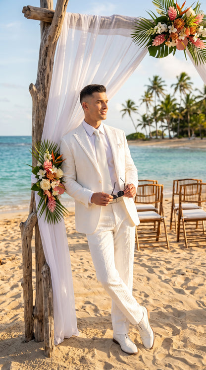Men’s Premium White Cotton Seersucker Stripe Suit – Lightweight Summer Wedding & Formal Suit