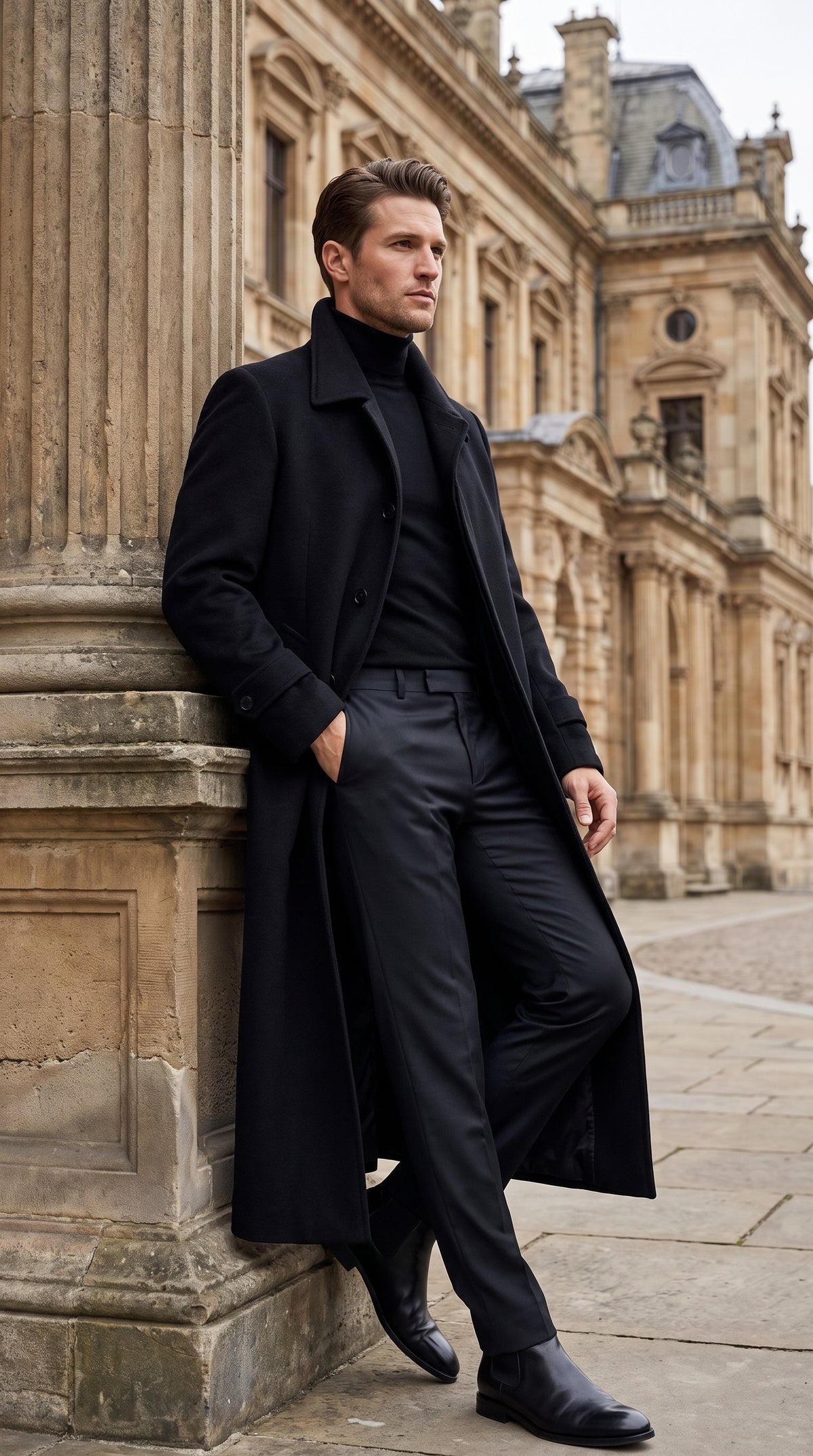 Men's Black Full-Length Duster Maxi Coat – Classic 4-Button Long Overcoat, Gothic Trench Coat & Winter Formal Outerwear