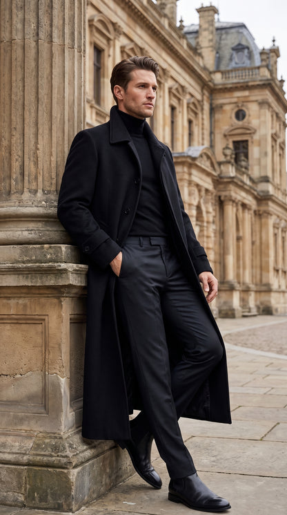 Men's Black Full-Length Duster Maxi Coat – Classic 4-Button Long Overcoat, Gothic Trench Coat & Winter Formal Outerwear
