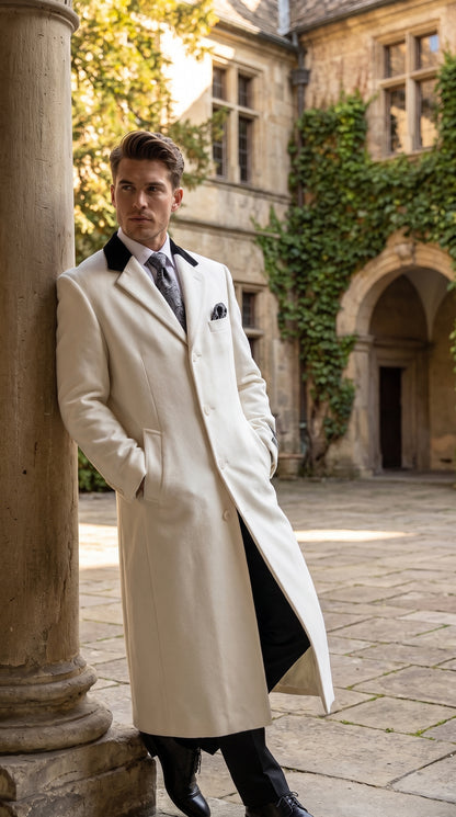 Men's White Cashmere Wool Chesterfield Full-Length Overcoat – Luxury Long Winter Dress Coat with Black Velvet Collar