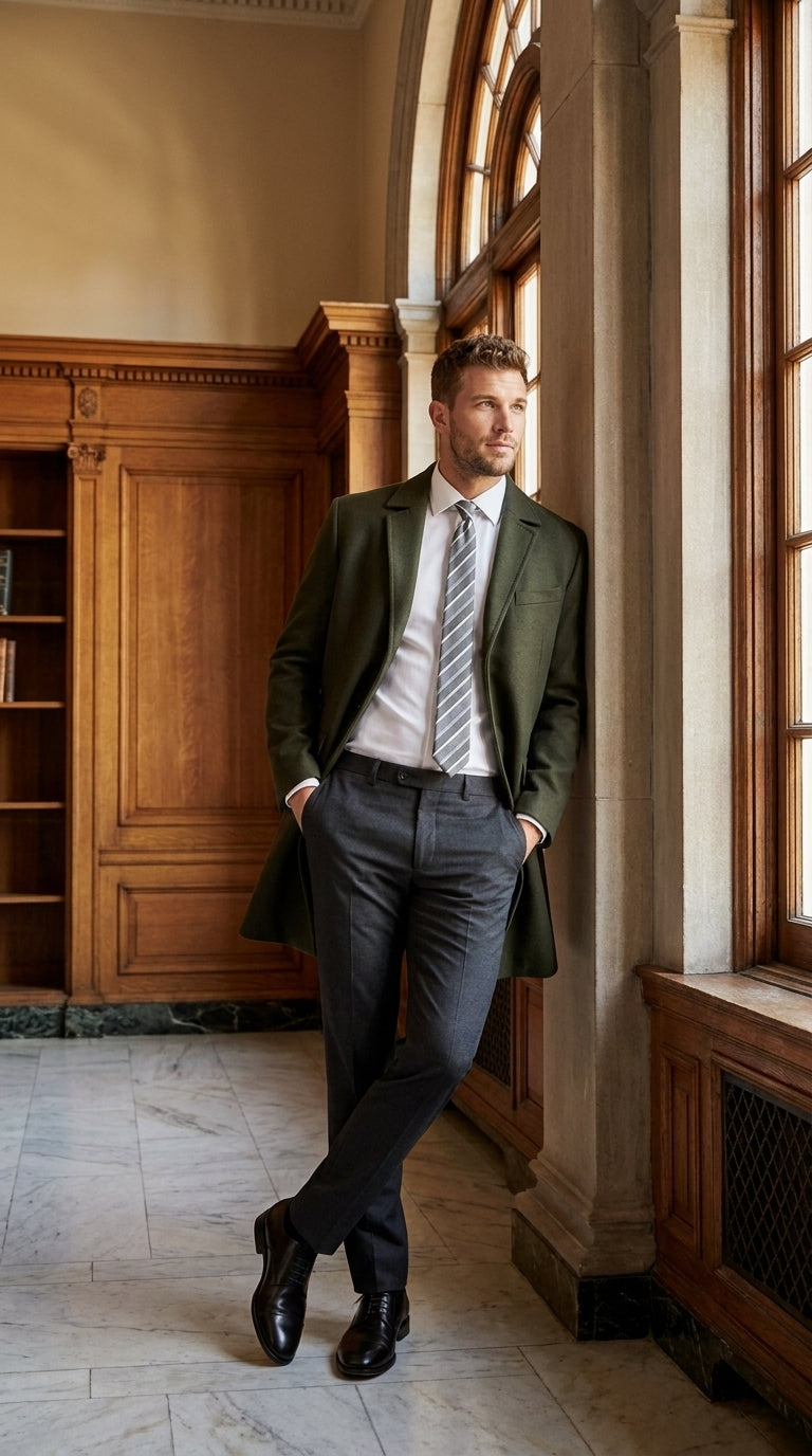 Men's Olive Green Wool Car Coat – Classic Mid-Length Three-Quarter Dress Overcoat for Men