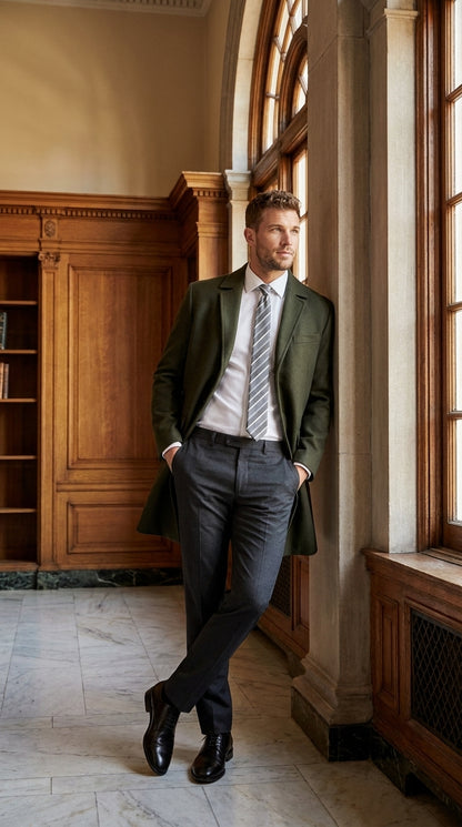 Men's Olive Green Wool Car Coat – Classic Mid-Length Three-Quarter Dress Overcoat for Men