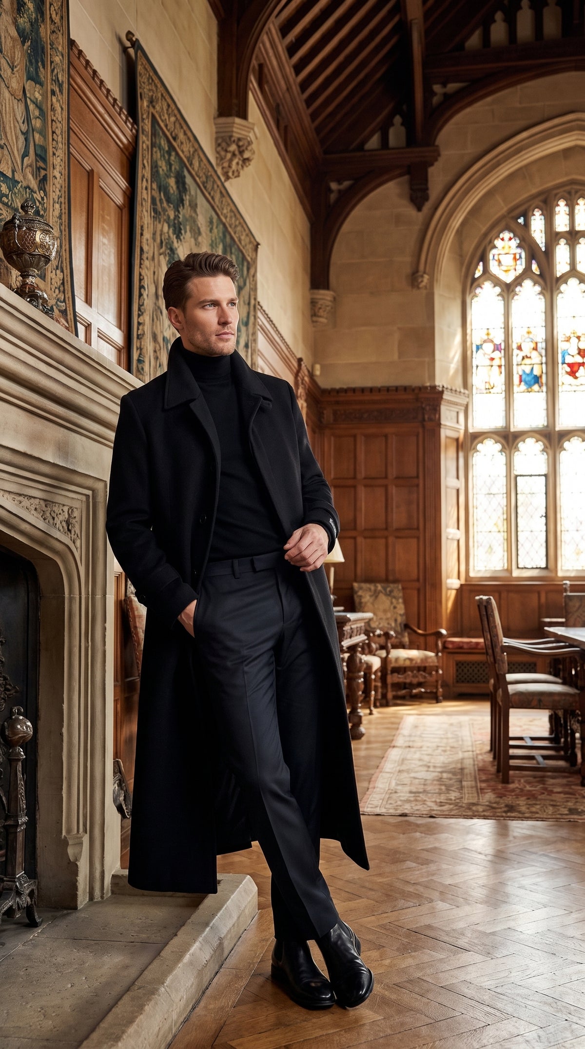 Men's Black Full-Length Duster Maxi Coat – Classic 4-Button Long Overcoat, Gothic Trench Coat & Winter Formal Outerwear