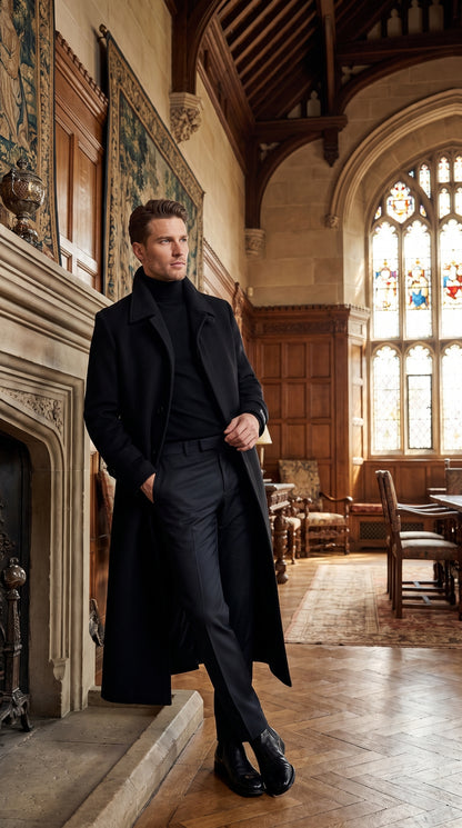 Men's Black Full-Length Duster Maxi Coat – Classic 4-Button Long Overcoat, Gothic Trench Coat & Winter Formal Outerwear