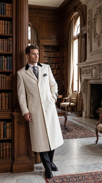 Men's White Cashmere Wool Chesterfield Full-Length Overcoat – Luxury Long Winter Dress Coat with Black Velvet Collar
