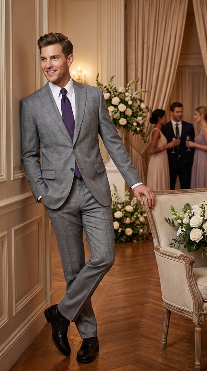 Men’s Grey Plaid 2 Button Suit, Modern Fit Peak Lapel Formal Wedding Business Suit