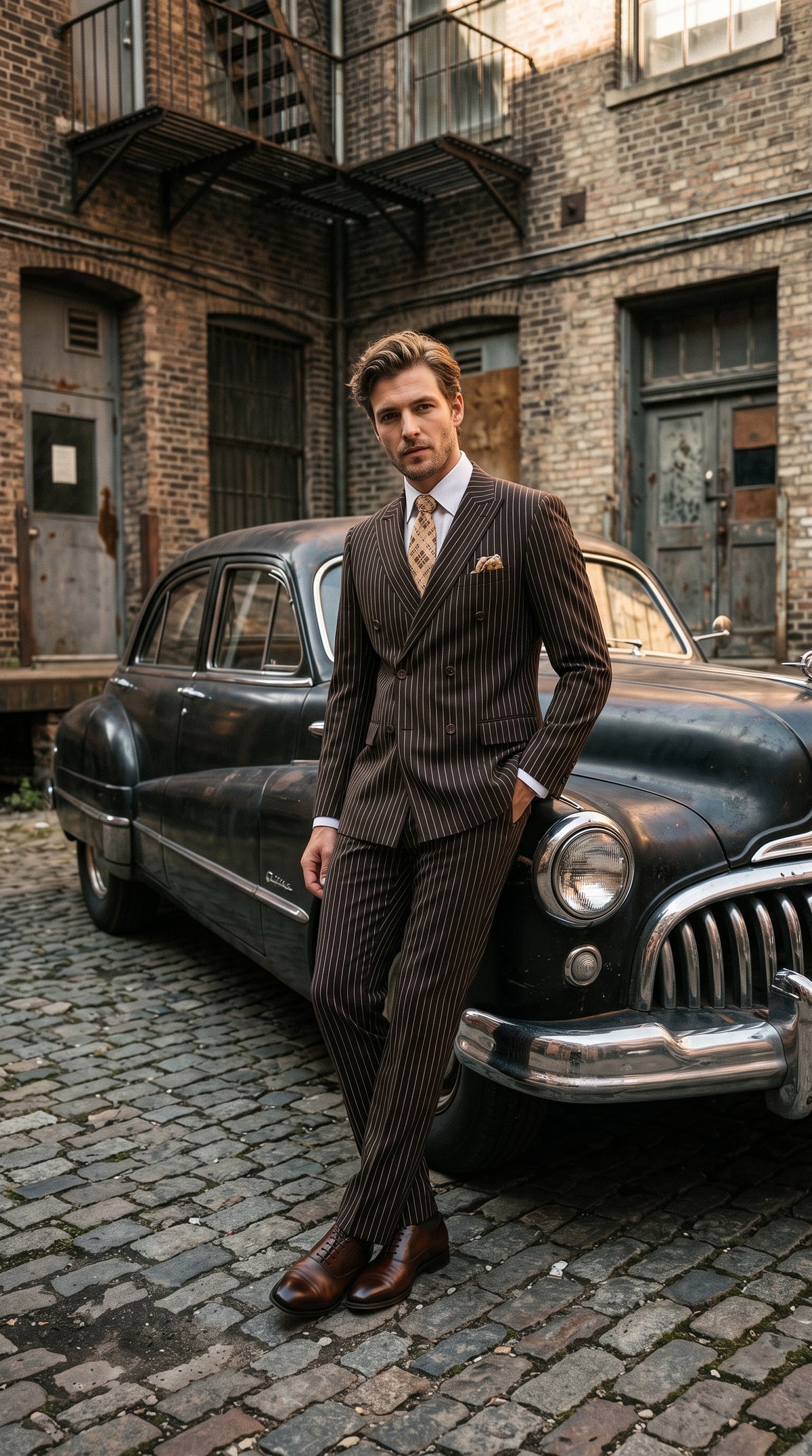 Men’s Brown Gangster Pinstripe Double Breasted Wool Suit, Designer Formal Wedding Suit By Statement