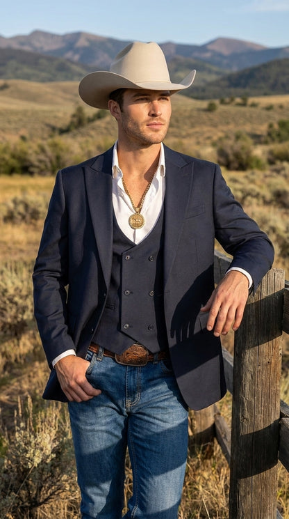 Men’s Navy Western Suit Blazer with Double-Breasted Vest – Modern Cowboy Formal Outfit