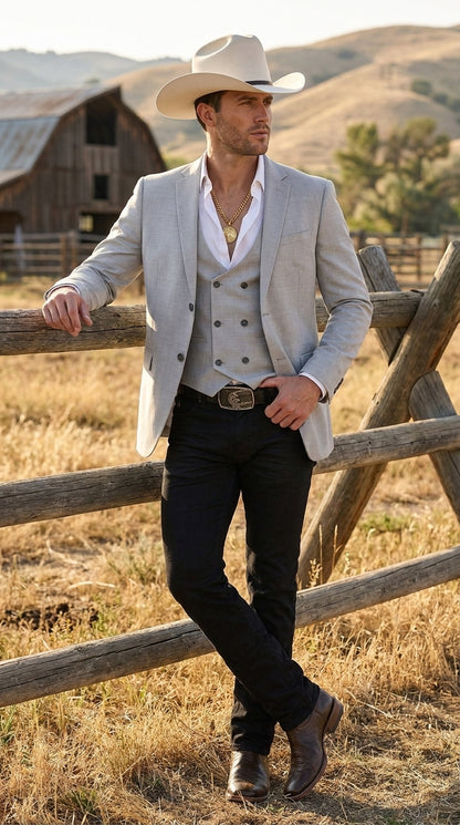 Men’s Light Gray Western Suit Blazer with Double-Breasted Vest, Modern Cowboy Formal Jacket Outfit