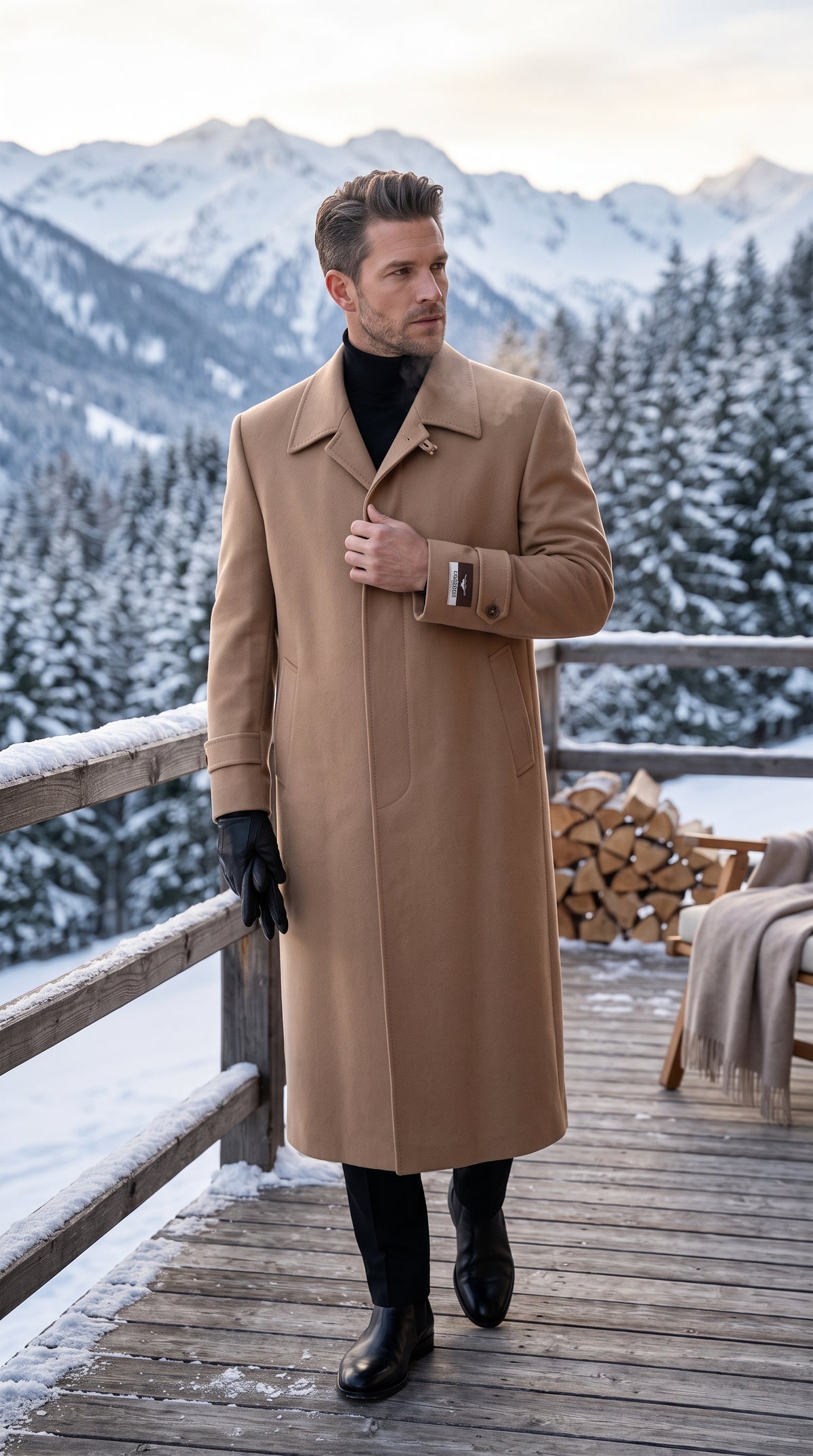 Men’s Camel Full Length All Weather Coat, 4 Button Duster Maxi Dress Coat