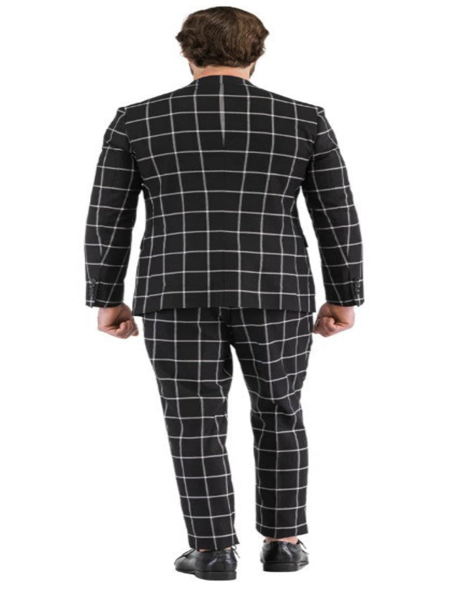 Mens Plaid Suits - Windowpane Pattern With Vest -Business Suit Black