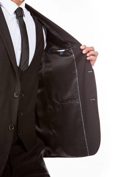 Men's Two Button Vested Hybrid Fit Micro Mini Pinstripe Business Suit In Black 3 J4-1514  - from alligatorwarehouse.com